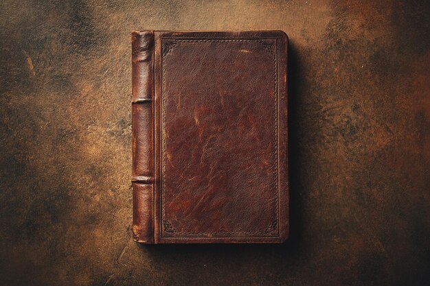 a leather bound book is on a brown surface