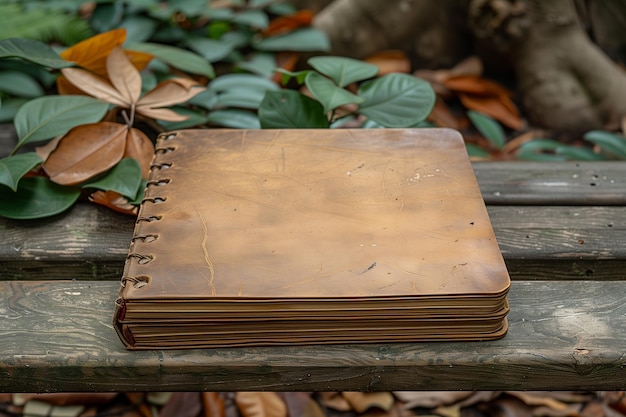 Leather bound journal on a wooden bench