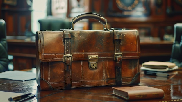 A leather briefcase sits on a desk with a book and a pen