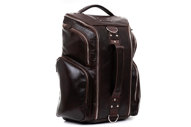 Leather brown backpack on a white background