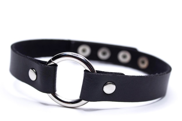 Leather choker with a circle Decoration on the neck Isolated on a white background