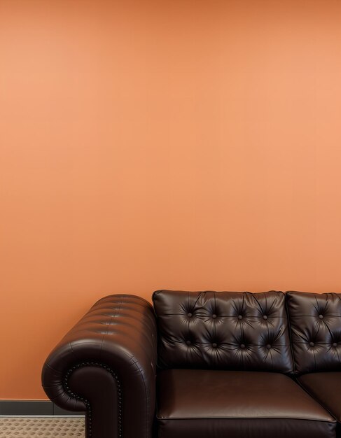 a leather couch with a brown leather seat and a wall painted orange