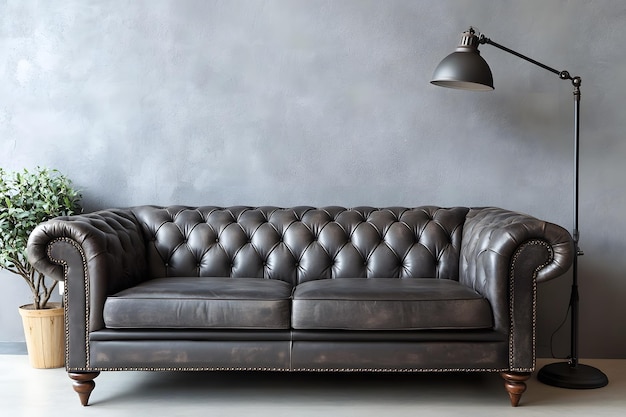 a leather couch with a lamp on the top of it