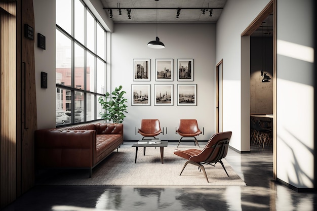 Leather couches are positioned in a corner of a stylish office waiting area with concrete floors white walls and open space in the backdrop