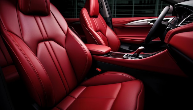 Leather interior of a modern luxury sports car in black and red colors Front seats