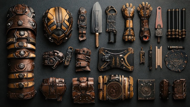 Photo leather metal a collection of fantasy armor and weapons