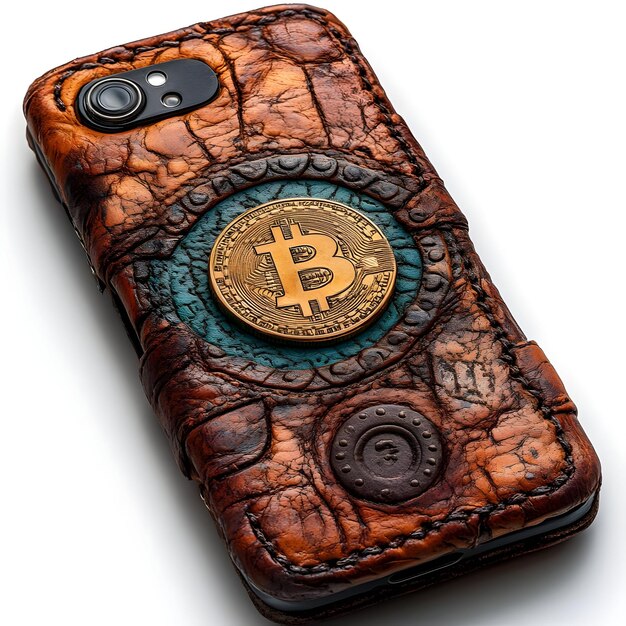 Photo leather phone case with bitcoin symbol illustration