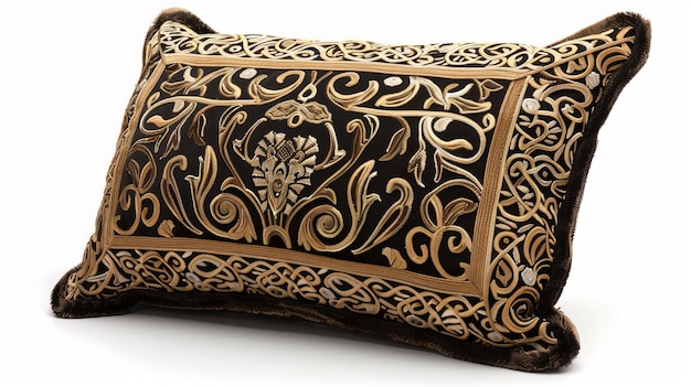 a leather pillow with a design of a design