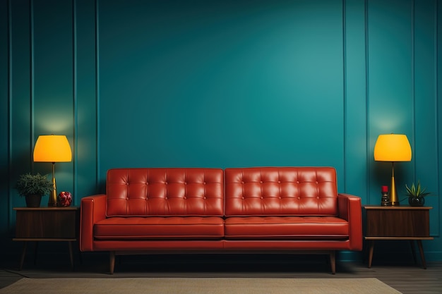 Leather red stylish sofa and two bedside tables near blue wall The design of the room is minimalism