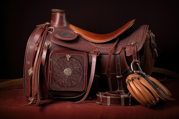 Leather saddle with matching reins and accessories created with generative ai