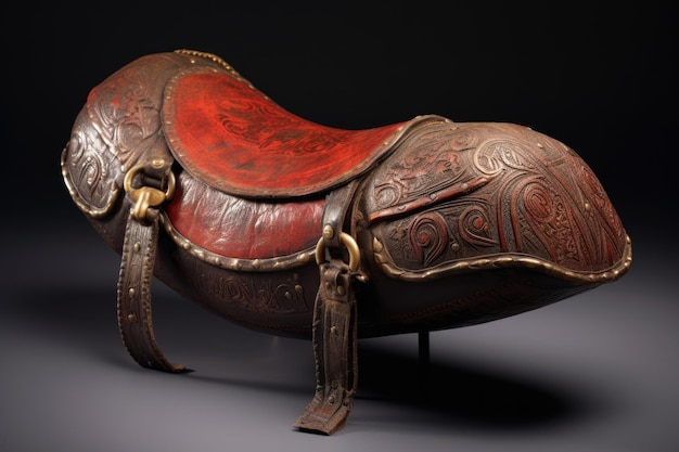 Leather saddle with ornate metal fittings created with generative ai