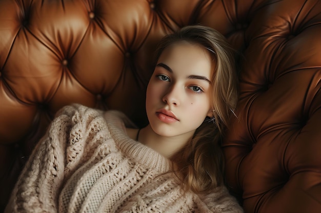 Leather Sofa with a Young Attractive Woman Sitting