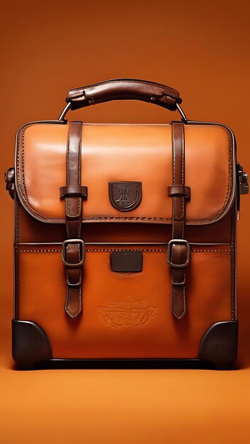 A Leather Suitcase with an Embossed Logo on a Warm Apricot Background