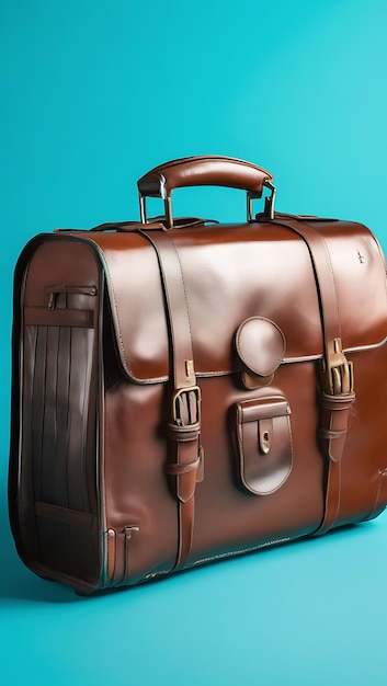 A Leather Suitcase with a Soft Sheen on a Bright Cyan Background