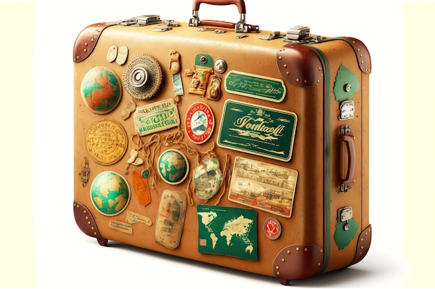 Leather suitcase with stickers from different countries isolated on white background