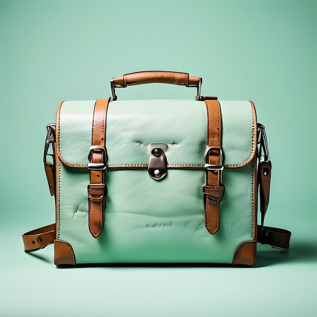 A Leather Suitcase with a Strap Closure on a Pale Mint Green Background