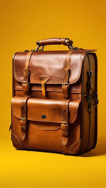 A Leather Suitcase with a Sturdy Handle on a Warm Golden Yellow Background