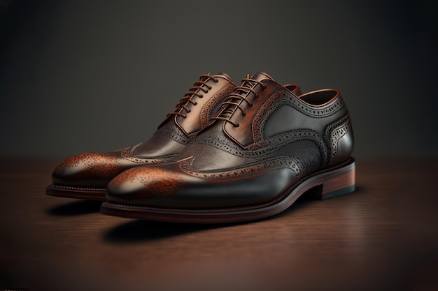 Leather upper formal male shoes realistic 3D render isolated on dark background Generative AI illustration