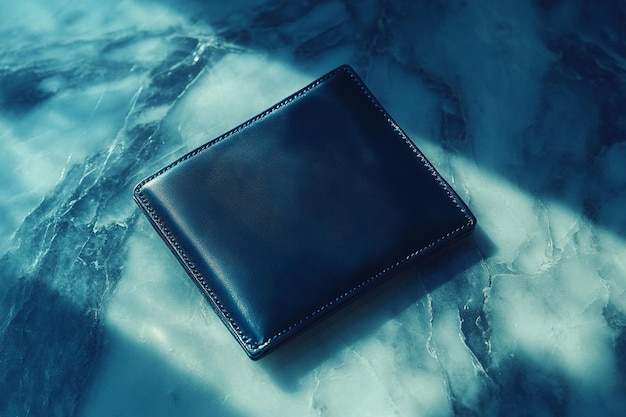 a leather wallet sits on a blue surface with the sun shining on the water