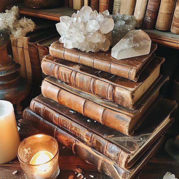 Leatherbound books with crystals and candles