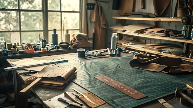 A leatherworkers workshop with a large wooden table a cutting mat and various