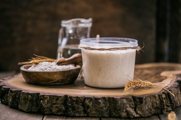 The leaven for bread is active. Starter sourdough  fermented mixture of water and flour to use as leaven for bread baking. The concept of a healthy diet