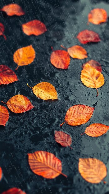 Photo leaves on a black surface with rain drops