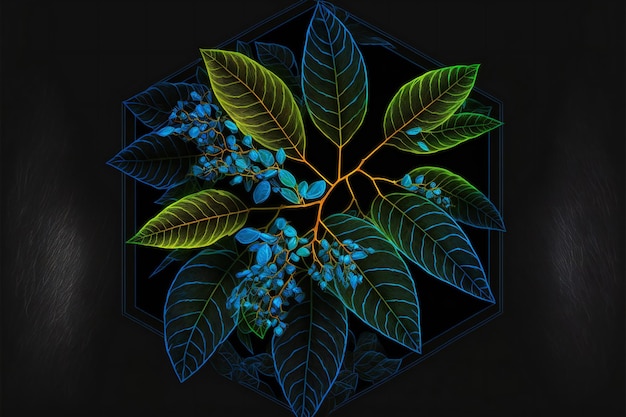 Leaves over blue neon hexagon on black background creative digital illustration painting