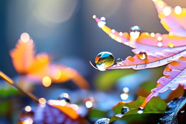 leaves and dew water in autumn morning forest