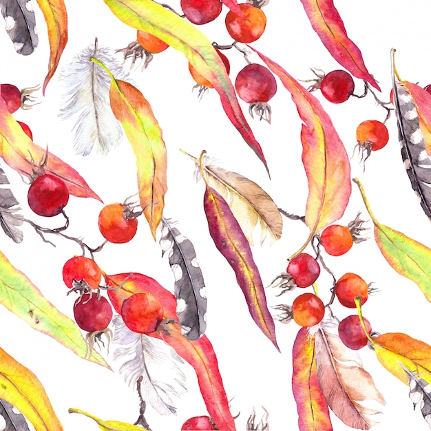 Leaves, feathers, berries. Seamless autumn pattern. Watercolor in vintage boho style