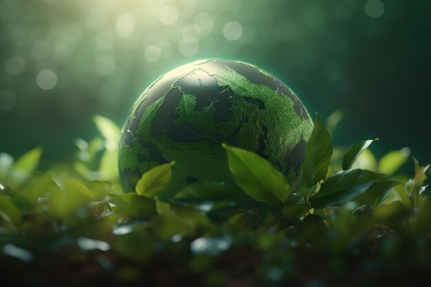 Leaves in forming an eco friendly earth shape green background World environment day and Earth day Generative AI