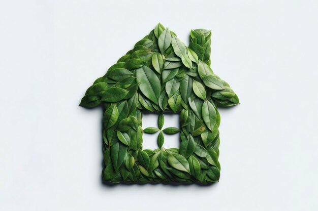 Leaves in forming a house shape background isolated on solid white ai generative