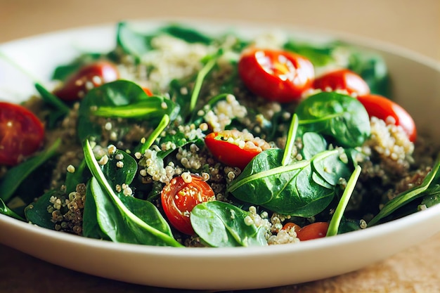 Leaves of healthy fresh salad in quinoa salad with tomatoes