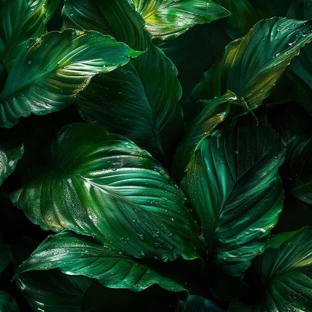 Photo leaves of spathiphyllum cannifolium abstract green texture nature dark tone background