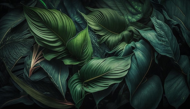 Leaves of Spathiphyllum cannifolium in the garden abstract green texture nature dark tone background tropical leaf