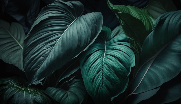 Leaves of Spathiphyllum cannifolium in the garden abstract green texture nature dark tone background tropical leaf