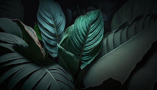 Leaves of Spathiphyllum cannifolium in the garden abstract green texture nature dark tone background tropical leaf