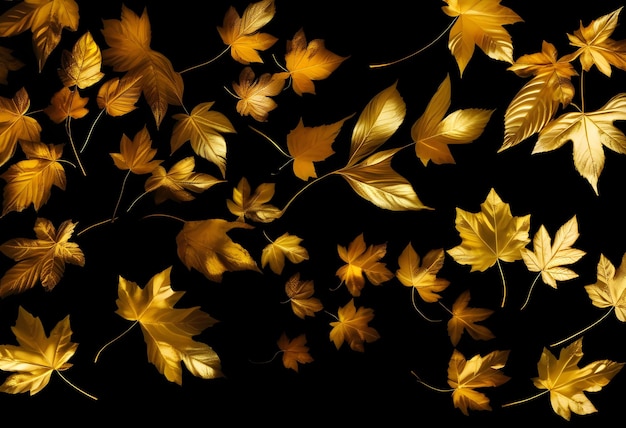 Leaves stained with gold paint on black background