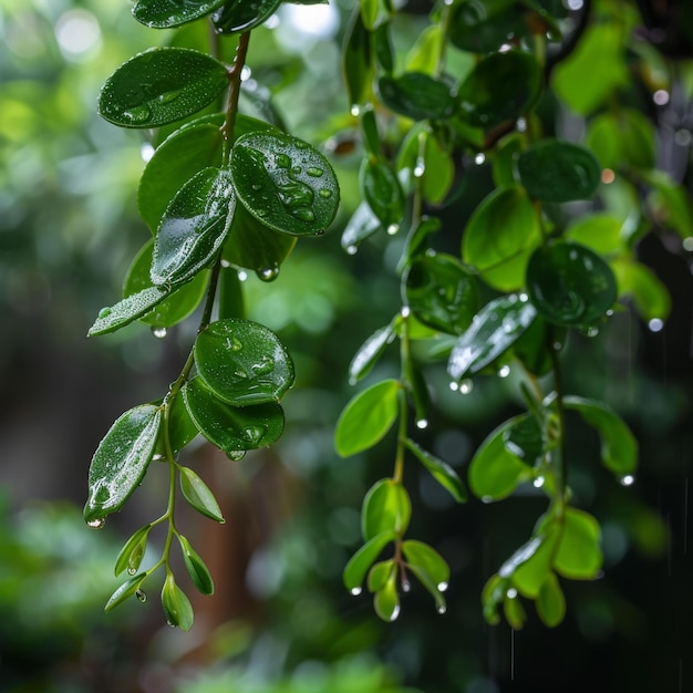 The leaves of a tree are wet from the rain