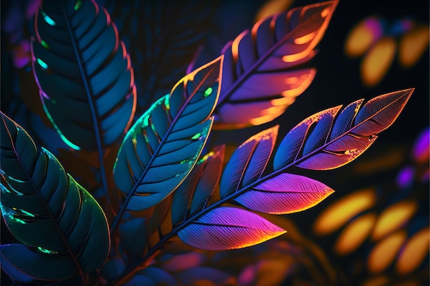 Leaves in vibrant gradient holographic neon colors