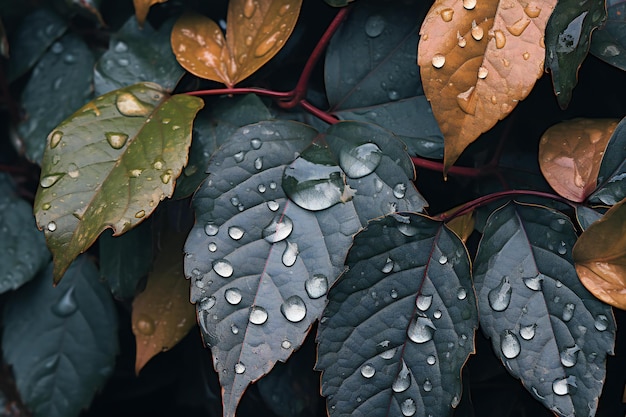 Leaves with raindrops Natural background Selective focus