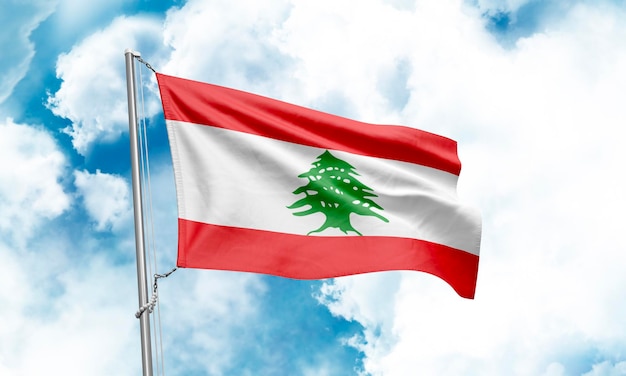 Lebanon flag waving on sky background 3D Rendering