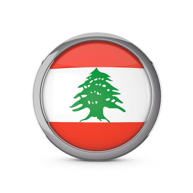 Lebanon national flag in a glossy circle shape with chrome frame 3D Rendering