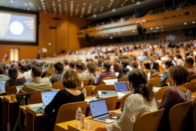 Photo a lecture hall with a screen that says  the audience