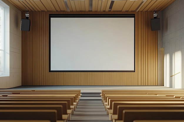 Photo lecture room with empty white projector screen