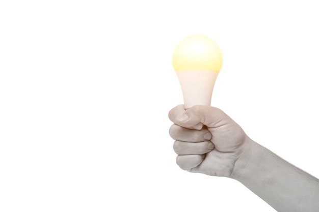 LED eco friendly light bulb in hand on white background