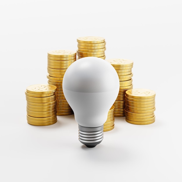 LED Light Bulb ahead of Stacks of Coins on Light Gray Background