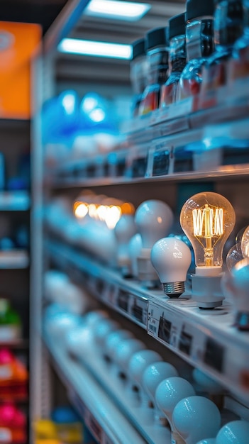 LED light bulbs are prominently displayed on a store shelf showcasing energysaving choices