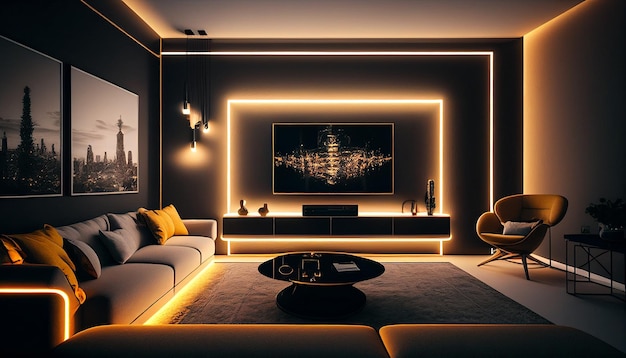 LED strips illuminate a modern and comfortable living area Generative AI