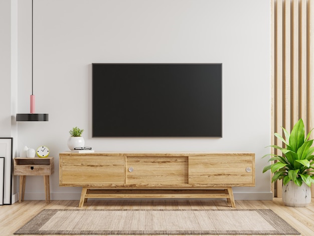 LED TV on the cabinet in modern living room on white wall background3d rendering